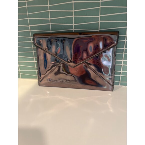 Metallic Silver Envelope Clutch Bag With Snap Closure & Interior Card Slots - Picture 2 of 10